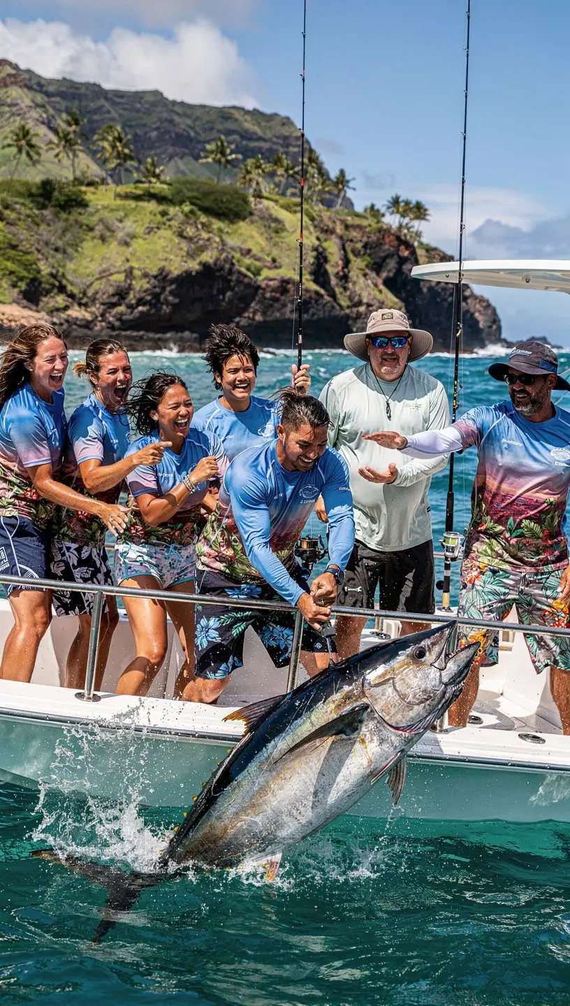Группа рыболовов, улыбающихся на лодке после успешного улова.