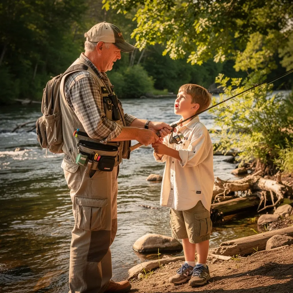 Рыбак, с радостью показывающий свой улов, на фоне живописного пейзажа леса и гор.