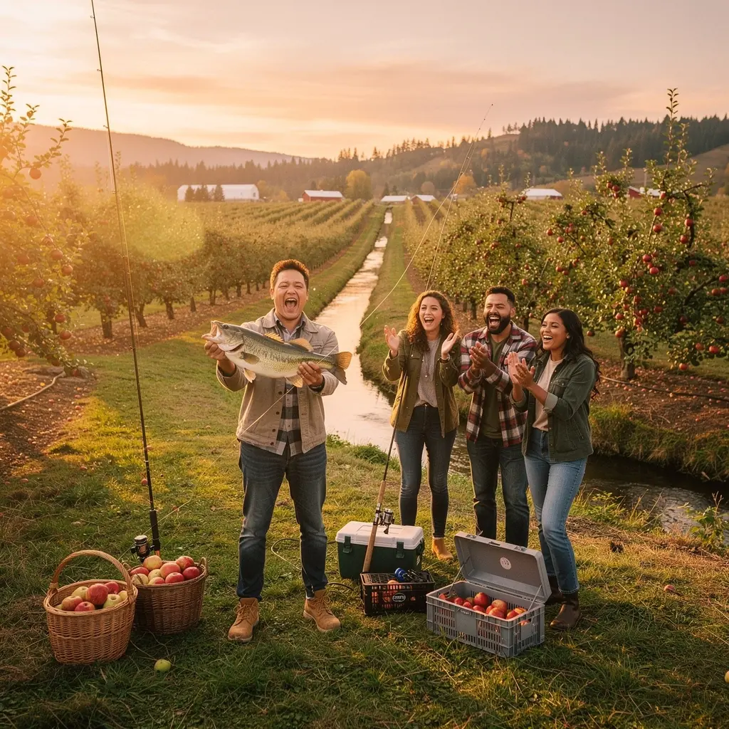Снимок рыболовных принадлежностей, аккуратно разложенных на траве, готовых к приключению на воде.