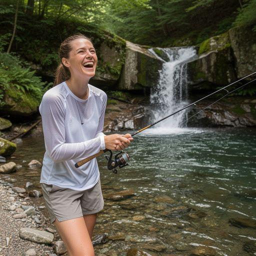 Рыбак, наслаждающийся утренним ловом на реке с природным пейзажем.